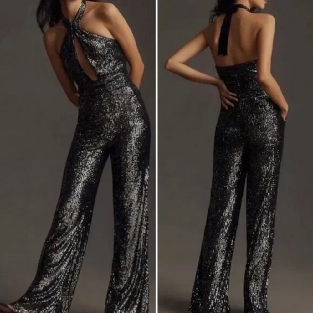 Anthropologie Maeve Carbon Black Sequin Halter Cut Out Jumpsuit